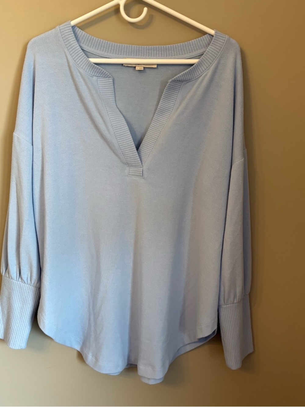 LOFT Light Blue V-Neck Tunic Top Size L | Ribbed Trim Long Sleeve Blouse